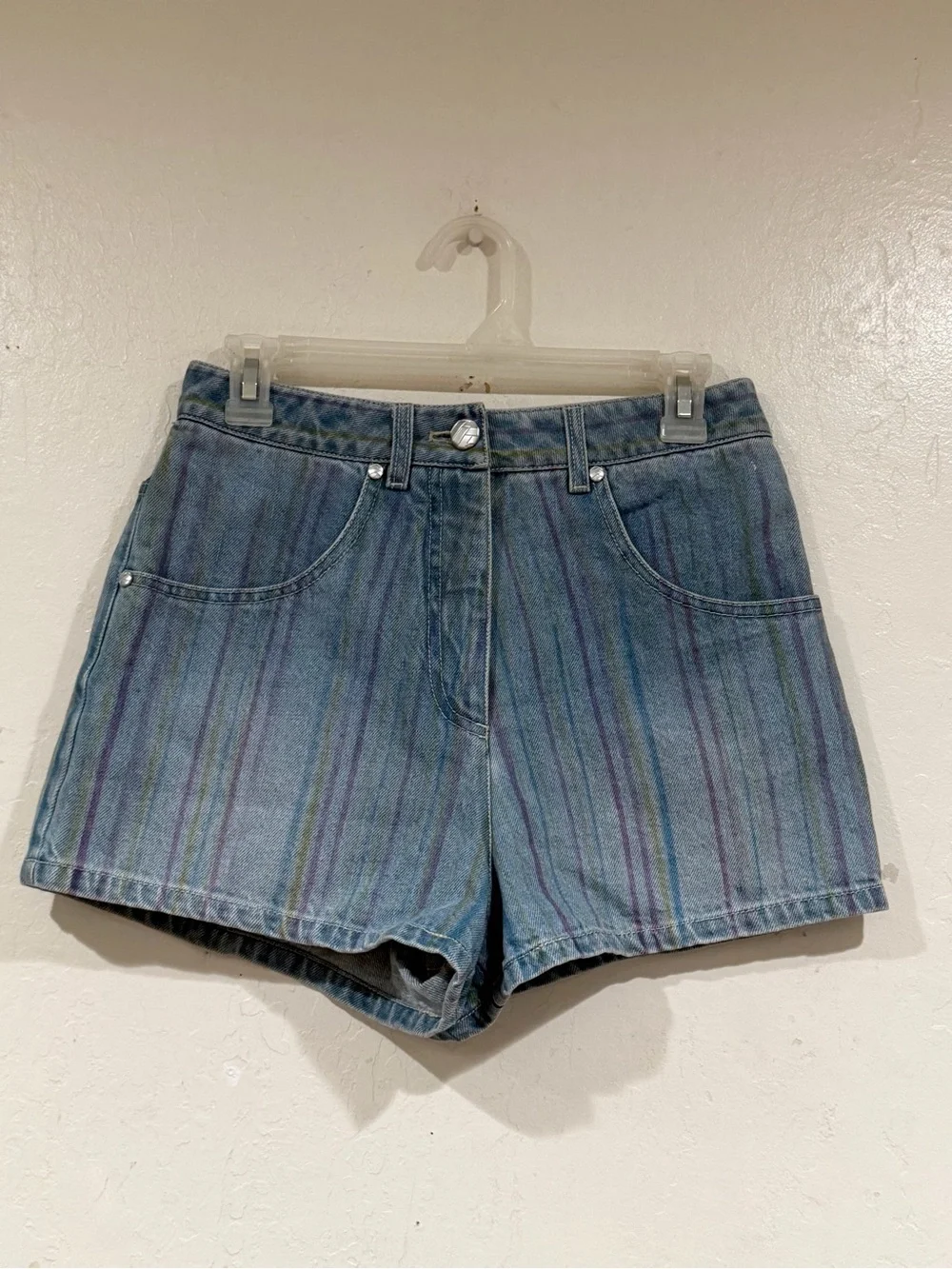 CHANEL Rainbow Pinstripe Denim Shorts Blue High Waisted CC Logo Size 27 US